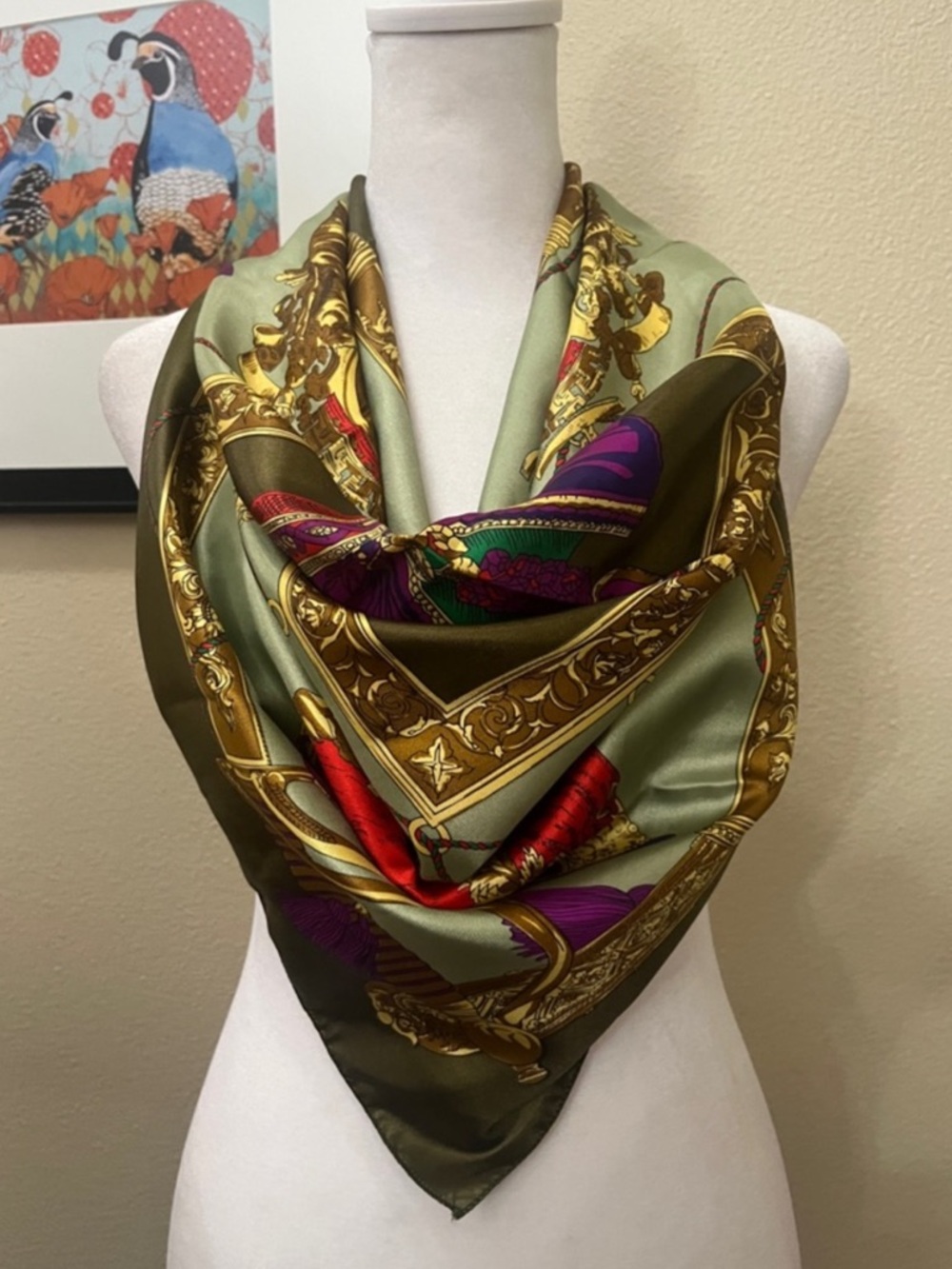 Silk-Feel Olive Green and Gold Patterned Women's Scarf 34 x 34